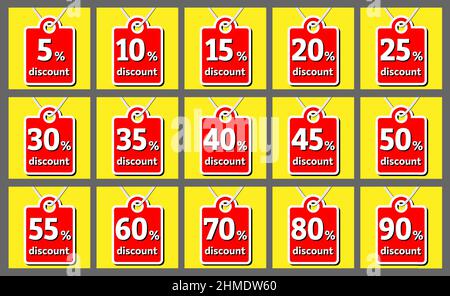 Set von Rabattmarken. Verkauf von Tags mit Zahlen und Prozentzeichen. Vektorgrafik Stock Vektor