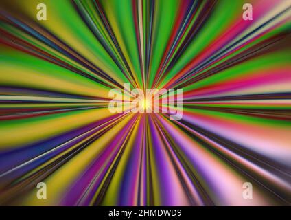 Eine 3D gerenderte Illustration von bunten Lichtstrahlen, die einen Lichttunnel bilden und in der Mitte zusammenlaufen. Stockfoto