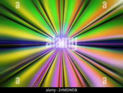 Eine 3D gerenderte Illustration von bunten Lichtstrahlen, die einen Lichttunnel bilden und in der Mitte zusammenlaufen. Stockfoto