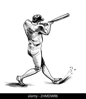 Baseball Spieler mit einer Fledermaus. Tinte schwarz-weiss Zeichnung Stockfoto