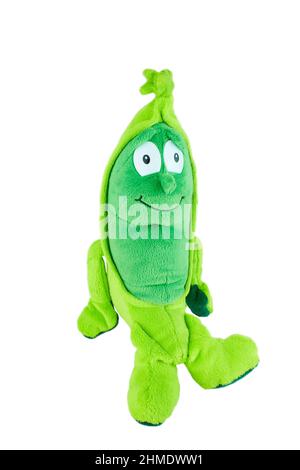 Gren Bean. Plüschtier in Form von Gemüse. Isoliert auf weißem Hintergrund ohne Schatten. Stockfoto