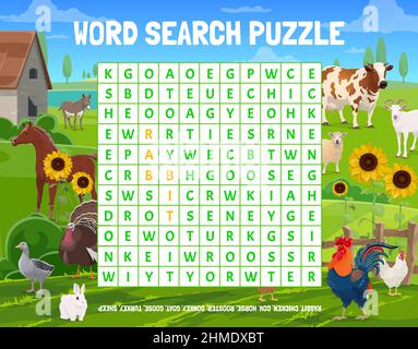 Landwirtschaft Landwirtschaft Wort Puzzle-Spiel Arbeitsblatt, Cartoon-Vektor Nutztiere. Kinder pädagogische Wortsuche Puzzle Rätsel mit Pferd, Esel und Kuh, gehen Stock Vektor