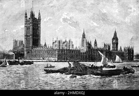 Schwarz-Weiß-Illustration; Houses of Parliament, London, im Jahr 1890s Stockfoto