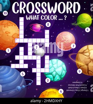 Fantasy Galaxie Raum Planeten und Sterne, Kreuzworträtsel Arbeitsblatt Wort, Vektor-Quiz-Spiel zu finden. Puzzle-Spiel Gitter mit fantastischen galaktischen Planeten und Alien Stock Vektor