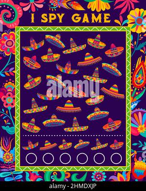 Ich spioniere Spiel zu mexikanischen Sombrero Hüte zählen, Mathe-Spiel Arbeitsblatt, Vektor Kinder Quiz. Ich spioniere Rätsel oder Rätsel für Kinder, um mexikanischen düsteren zu finden und zu zählen Stock Vektor