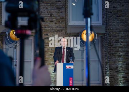 Ministerpräsident Daniel Günther präsentiert das Wahlprogramm der CDU für die Landtagswahl 2022 in Schleswig-Holstein Stockfoto