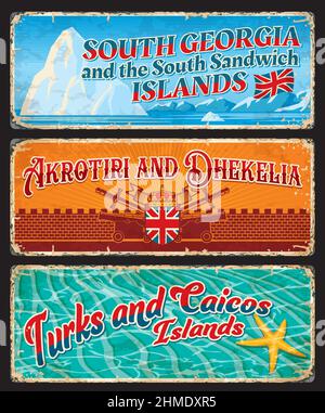Turks und Caicos, Südgeorgien und Sandwichinseln, Akrotiri, Dhekelia Britische Reisesticker und -Teller. Großbritannien Island Territories Grunge Platte, Stock Vektor