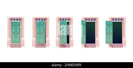 Cartoon Haus Tür Bewegung Animation, Eröffnungssequenz Sprite Stufen. Vector Home Fassade Eingang animierte Architektur. Schließen, leicht ajar und offen Stock Vektor