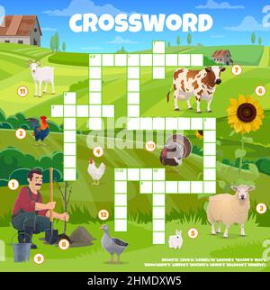 Landwirtschaft Landwirtschaft Kreuzworträtsel Puzzle-Spiel Vektor Arbeitsblatt, Cartoon-Bauer und Nutztiere. Kinder Kreuzworträtsel logische Quiz, spielen Aktivitätsseite mit c Stock Vektor