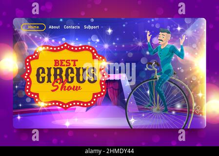 Shapito Zirkus Landing Page, Karikatur Fahrrad akrobaten auf Zirkus Bühne. Vektor-Website-Vorlage mit Turner Mann Radfahren auf große Top-Zelt-Arena bei Carniv Stock Vektor