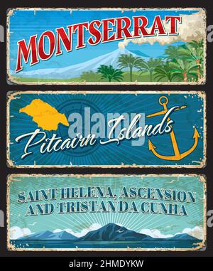 Montserrat, Pitcairn Islands und Saint Helena, Ascension und Tristan Da Cunha Reise Aufkleber und Teller. Großbritannien Gebiete retro Zinnschild, Grunge V Stock Vektor