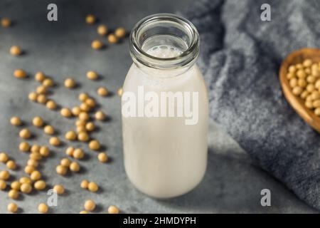 Kalte, erfrischende Alternative Sojamilch in einer Flasche Stockfoto