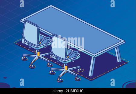 Zwei isometrische Bürostühle auf Rädern und ein moderner Tisch mit vier Beinen. Vektorgrafik. Symbol „Umriss Schreibtischstuhl“. Möbel für den Innenbereich. Stock Vektor