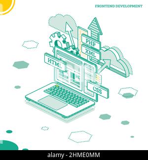 Frontend-Entwicklung. Isometrisches Konzept mit Laptop isoliert auf Weiß. Erstellen eines Site-Layouts mithilfe von Programmiersprachen. HTML, CSS, PHP und XML Prog Stock Vektor