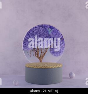 Minimalismus hölzerne Produkt-Display-Bühne mit runden kreisförmigen Fenster und lila Blätter Baum für Produktpräsentation 3D Rendering Illustration Stockfoto