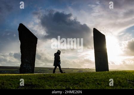 Stenness, Orkney, Großbritannien. 9th. Februar 2022. Ein einnehmender Besucher der Stones of Stenness - einem neolithischen Steinkreis - in Orkney, Schottland, trotzt dem eiskalten Wind am späten Nachmittag. Kredit: Peter Lopeman/Alamy Live Nachrichten Stockfoto