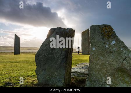 Stenness, Orkney, Großbritannien. 9th. Februar 2022. Ein einnehmender Besucher der Stones of Stenness - einem neolithischen Steinkreis - in Orkney, Schottland, trotzt dem eiskalten Wind am späten Nachmittag. Kredit: Peter Lopeman/Alamy Live Nachrichten Stockfoto