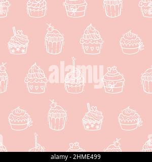 Niedliche handgezeichnete Cupcakes nahtlose Muster, süßen Hintergrund, ideal für Textilien, Banner, Tapeten, Umhüllung - Vektordesign Stock Vektor