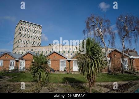 Hochhaus und Bungalows in Sozialwohnungen des Rates in Globe Town, in der Nähe von Mile End, Tower Hamlets, London, England, Großbritannien Stockfoto