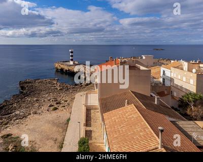 Leuchtturm, Colònia de Sant Jordi, ses Salines, Mallorca, Balearen, Spanien Stockfoto