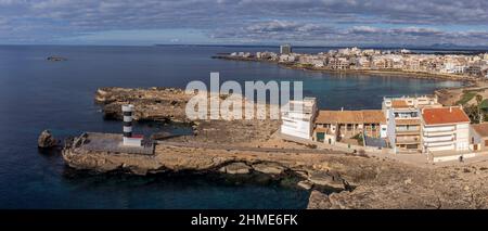 Leuchtturm, Colònia de Sant Jordi, ses Salines, Mallorca, Balearen, Spanien Stockfoto
