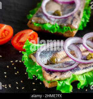 Sandwich mit Butter, Hering, roter Zwiebel und Thymian. Ein norwegischer junger Hering mit Salat Stockfoto