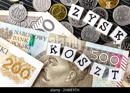 Die Formulierung "zysk koszt" wurde mit "Gewinnkosten" übersetzt und viele polnische Münzen und Banknoten auf schwarzem Hintergrund. Neue Steuervorschriften in Polen. Gewinn Stockfoto