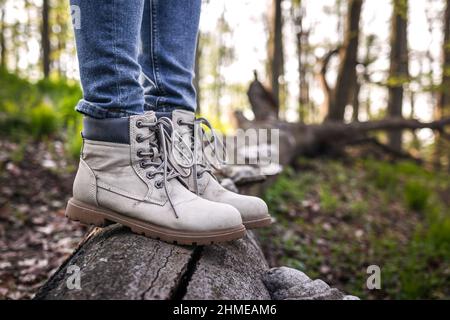 Tourist mit Wanderstiefel auf Baumstamm im Wald stehend. Aktiver Lebensstil in der Natur. Stiefeletten aus Leder Stockfoto