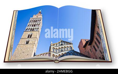 St. Zeno Kathedrale Kirche in Pistoia Stadt (Toskana - Italien) - 3D Darstellung eines geöffneten Fotobuchs isoliert auf weißem Hintergrund Stockfoto