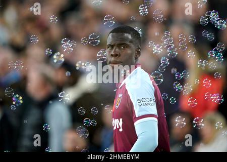 Aktenfoto vom 07-11-2021 von Kurt Zouma von West Ham United. Der Aufschrei über seine Misshandlung seiner Haustier-Katze hat sich nach einem Video, in dem er das Tier fallen, treten und schlagen lässt, weiter fortgesetzt. Ausgabedatum: Mittwoch, 9. Februar 2022. Stockfoto