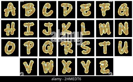 Metallalphabet. Goldene Buchstaben mit Hervorhebungen. Glänzende Metallbuchstaben. Stock Vektor