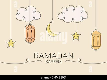 Ramadan Kareem kontinuierliche Linie Kunst Banner Hintergrund. Vektorgrafik Eid Mubarak. Stock Vektor