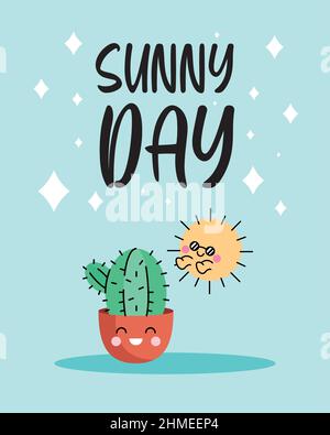 Sunny Day Poster Kawaii-Figuren Stock Vektor