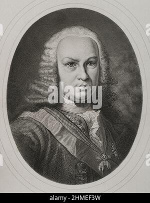 Ferdinand VI. (1713-1759). König von Spanien (1746-1759). Bourbon-Dynastie. Hochformat. Gravur von Masson. Lithographie von Magín Pujadas. 'Historia General de España', von Modesto Lafuente. Volumen IV Veröffentlicht in Barcelona, 1879. Stockfoto