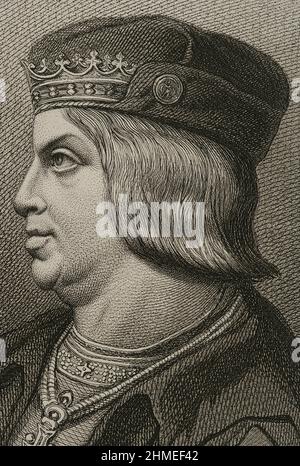 Ferdinand II. Von Aragon, genannt der Katholik (1452-1516). König der Krone von Aragon. König von Kastilien als Ferdinand V. (1474-1504). Hochformat. Gravur von Masson. Lithographie von Magín Pujadas. Details. 'Historia General de España', von Modesto Lafuente. Band II. Veröffentlicht in Barcelona, 1879. Stockfoto