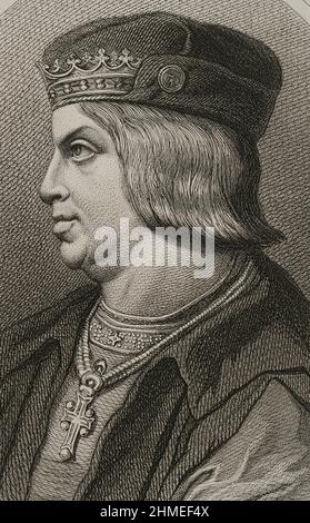 Ferdinand II. Von Aragon, genannt der Katholik (1452-1516). König der Krone von Aragon. König von Kastilien als Ferdinand V. (1474-1504). Hochformat. Gravur von Masson. Lithographie von Magín Pujadas. Details. 'Historia General de España', von Modesto Lafuente. Band II. Veröffentlicht in Barcelona, 1879. Stockfoto
