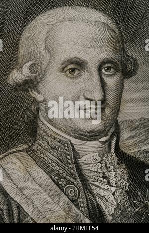 Karl IV. (1748-1819). König von Spanien (1788-1808), so genannter el Cazador (der Jäger). Hochformat. Gravur von Masson. Lithographie von Magín Pujadas. Details. Historia General de España, von Modesto Lafuente. Volumen IV Veröffentlicht in Barcelona, 1879. Stockfoto