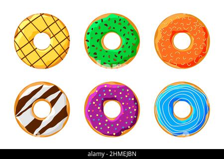 Appetitlich bunt lecker Donut-Set isoliert auf weißem Hintergrund. Glasierte Donuts Draufsicht Kollektion für Kuchen Café Dekoration oder Menü-Design. Köstliche süße Bäckerei. Vektorgrafik flach eps-Abbildung Stock Vektor