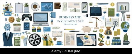 Symbole für Finanzanlagen. Vector Flat Office-Symbole. Eine große Zeichentrickserie für Unternehmen. Modernes Set für die Bank Stock Vektor