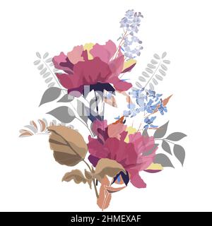 Vektorgrafik mit Blumenmuster. Strauß roter Gartenblumen auf weißem Hintergrund. Stock Vektor