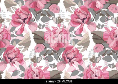 Vektor-Nahtloses Blumenmuster. Rosa Rosen, beige und graue Blätter und Schmetterlinge auf weißem Hintergrund. Stock Vektor