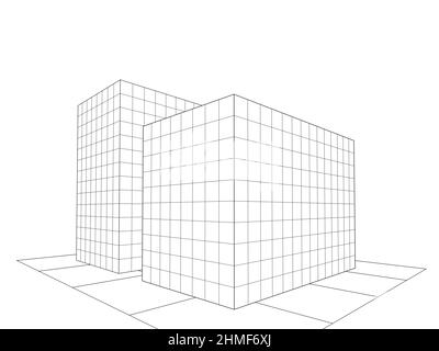 Perspektivische Ansicht von Gebäuden Drahtmodell, 3D Abbildung isoliert auf weißem Hintergrund Stockfoto