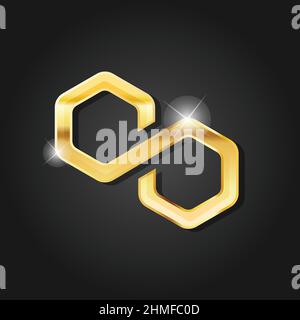 Goldenes glänzendes Polygon Symbol Abzeichen Symbol Vektorbild. Goldene digitale Kryptowährung-Münze. Symbol für elektronische Finanzmittel. Stock Vektor