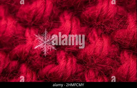 Makro-Nahaufnahme einer einzelnen Schneeflocke vor rotem Wollhintergrund. Stockfoto