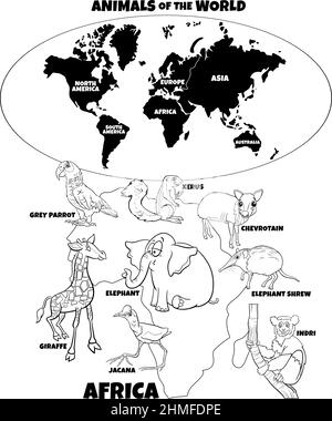 Schwarz-Weiß-pädagogische Illustration mit Cartoon afrikanische Tierarten und Weltkarte mit Kontinenten Formen Färbung Buchseite Stock Vektor