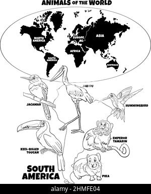 Schwarz-Weiß-pädagogische Illustration mit Cartoon südamerikanischen Tierarten und Weltkarte mit Kontinenten Färbung Buchseite Stock Vektor