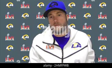 Los Angeles, USA. 09th. Februar 2022. Screen Grab von Matthew Stafford Los Angeles Rams Quarterback #9 Rede während einer Medienverfügbarkeitsveranstaltung, die den Medien am 9. Februar 2022 für den Super Bowl LVI zwischen den Cincinnati Bengals und den Los Angeles Rams veröffentlicht wurde. (Foto NFL Virtual Media Center via Credit: SIPA USA/Alamy Live News Stockfoto