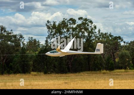 Ein südafrikanisches Segelflugzeug Jonker JS1 B Offenbarung startet am Lake Keepit Gunnedah Australien. Stockfoto