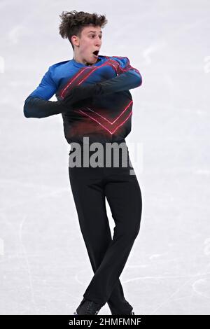 Peking, China. 10th. Februar 2022. Lukas Britschgi aus der Schweiz tritt bei den Olympischen Winterspielen 2022 in Peking am Donnerstag, den 10. Februar 2022, beim Einzelfigure-Skating-Wettbewerb der Herren im Capital Indoor Stadium auf. Foto von Richard Ellis/UPI Credit: UPI/Alamy Live News Stockfoto