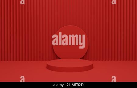 Bühne Podium auf rotem Samtvorhang Hintergrund für Produkte Display. Modernes rotes Podium mit geometrischem Hintergrund. 3D Darstellung rendern. Stockfoto